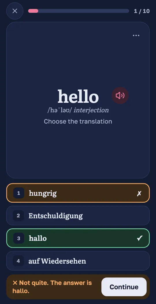 The same kind of question after an answer: the right translation is marked in green.