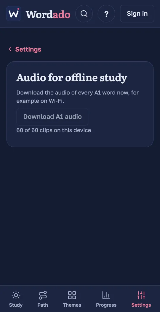 The settings of the Wordado app, “Audio for offline study”: a button downloads the audio of a level, and a line says how many clips are on the device.