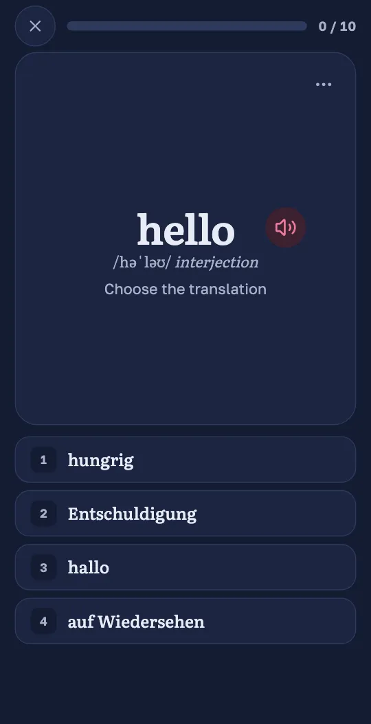 The Wordado app asks a multiple-choice question: an English word with its pronunciation and four translations to choose from.