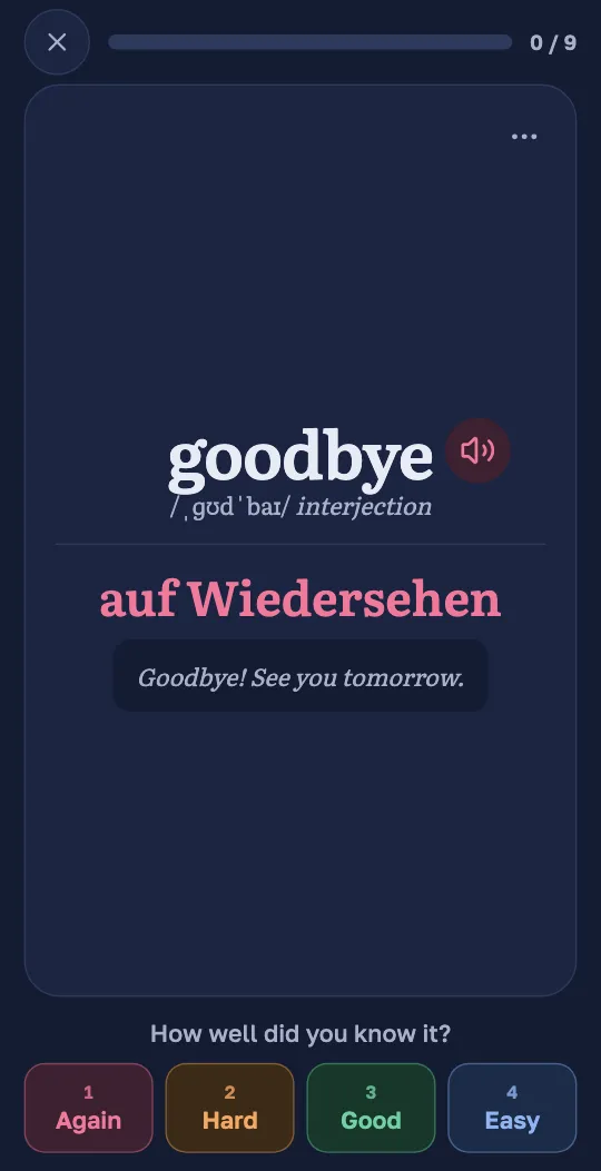 A flashcard in the Wordado app: the English word, its translation and an example sentence, with the buttons Again, Hard, Good and Easy.