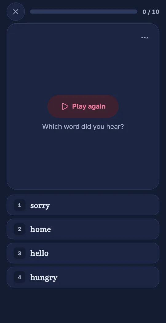 A listening question in the Wordado app: a button plays a word and four English words are offered.