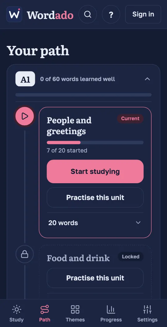 The path in the Wordado app: the units of a level in order, the current one with its progress and a button to start studying.