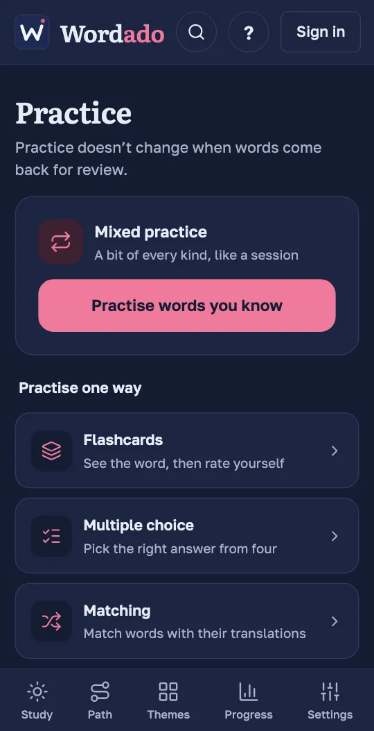 The Practice screen of the Wordado app: mixed practice, and practice one way with flashcards, multiple choice or matching.