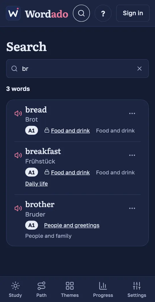 Search in the Wordado app: the results for “br” list each word with its translation, level and unit.