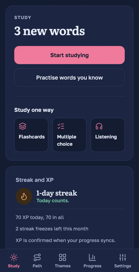 The Study screen of the Wordado app after a session: the streak in days, the XP of today and the streak freezes left this month.
