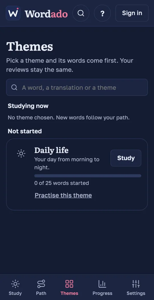 The Themes screen of the Wordado app: a field to search the themes and a theme with a button to study it next.
