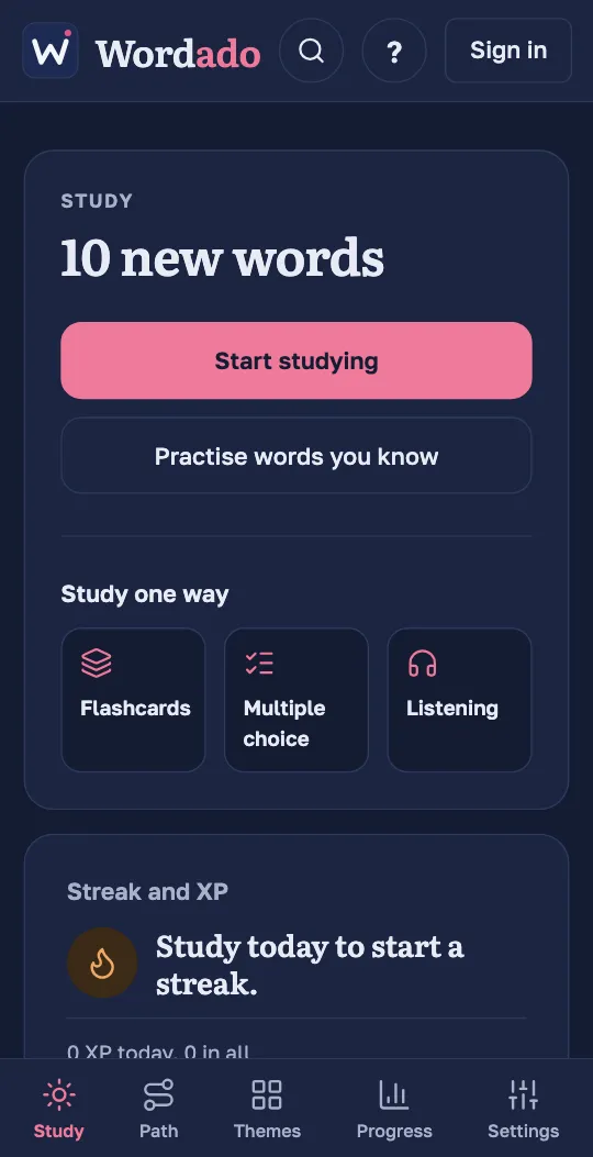 The Study screen of the Wordado app: the number of new words for today, the button “Start studying” and the ways to study one way.