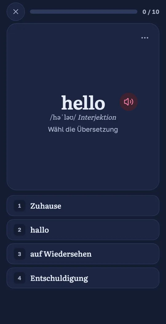 Die Wordado-App stellt eine Auswahlfrage: ein englisches Wort mit Aussprache und vier Übersetzungen zur Auswahl.