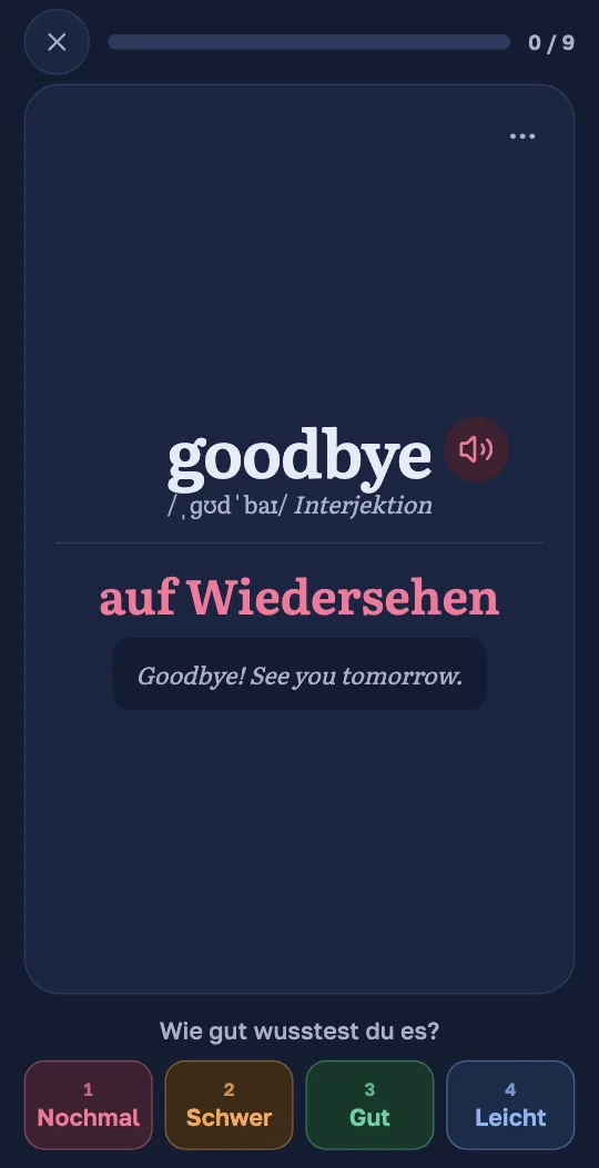 Eine Karteikarte in der Wordado-App: das englische Wort, seine Übersetzung und ein Beispielsatz, darunter die Knöpfe „Nochmal“, „Schwer“, „Gut“ und „Leicht“.
