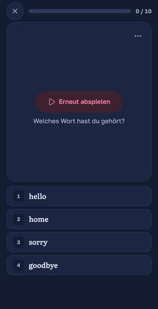 Eine Hörfrage in der Wordado-App: Ein Knopf spielt ein Wort ab, und vier englische Wörter stehen zur Auswahl.