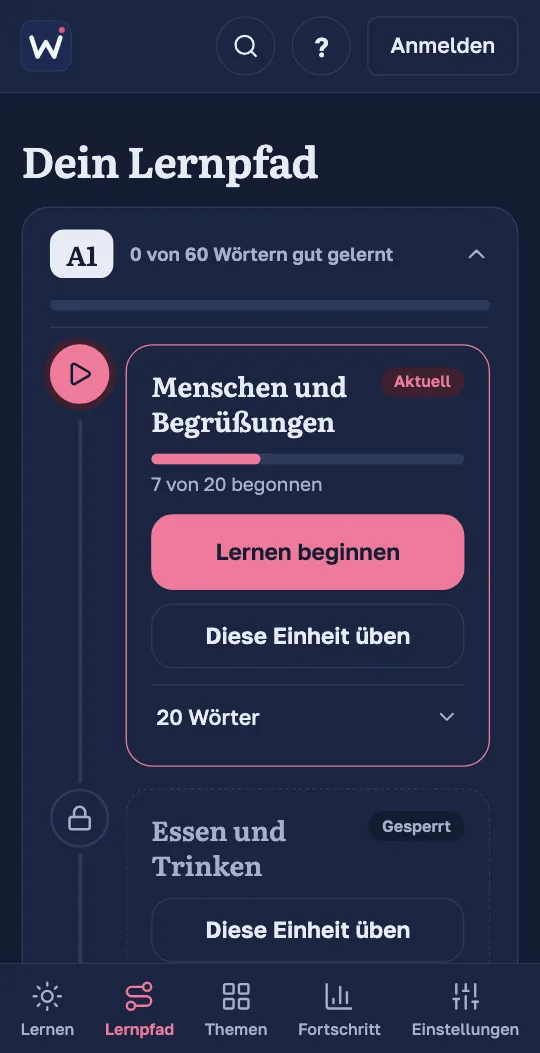 Der Lernpfad in der Wordado-App: die Lektionen eines Niveaus der Reihe nach, die aktuelle mit ihrem Fortschritt und einem Knopf zum Lernen.