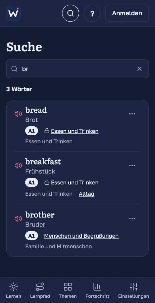 Die Suche in der Wordado-App: Die Ergebnisse für „br“ zeigen jedes Wort mit Übersetzung, Niveau und Lektion.