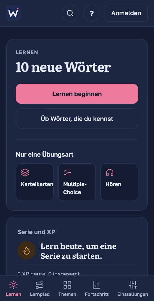 Der Bildschirm „Lernen“ in der Wordado-App: die Zahl der neuen Wörter für heute, der Knopf „Lernen beginnen“ und die einzelnen Übungsarten.