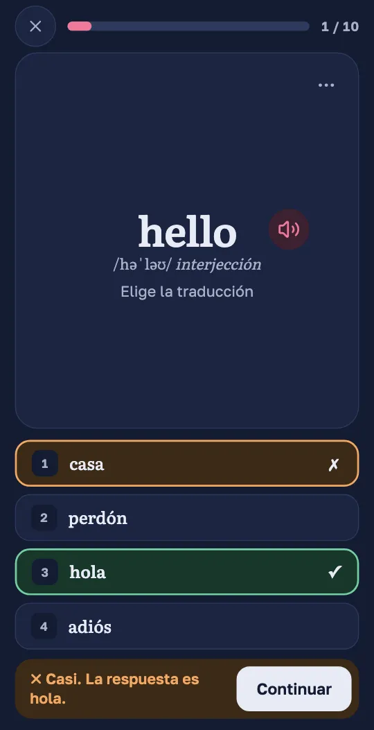 Una pregunta así después de responder: la traducción correcta aparece marcada en verde.