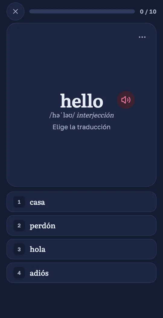La app de Wordado hace una pregunta de opción múltiple: una palabra en inglés con su pronunciación y cuatro traducciones para elegir.