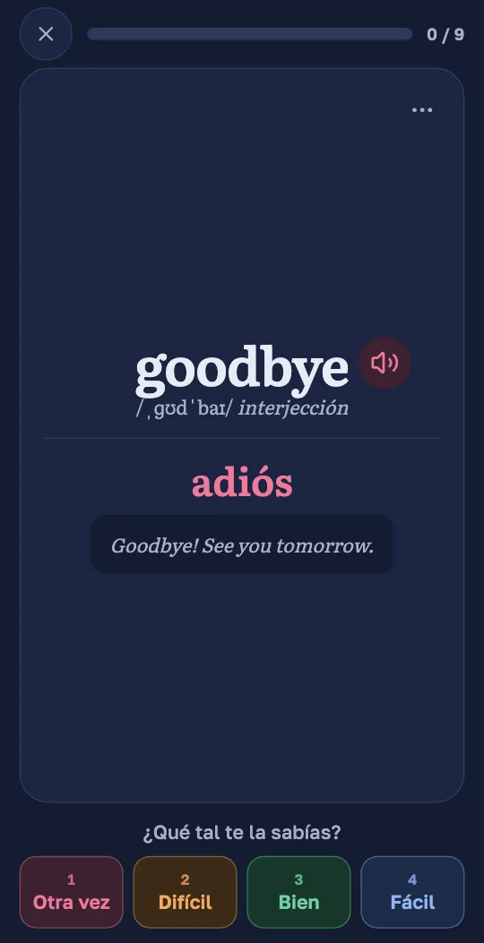 Una tarjeta en la app de Wordado: la palabra en inglés, su traducción y una frase de ejemplo, con los botones «Otra vez», «Difícil», «Bien» y «Fácil».