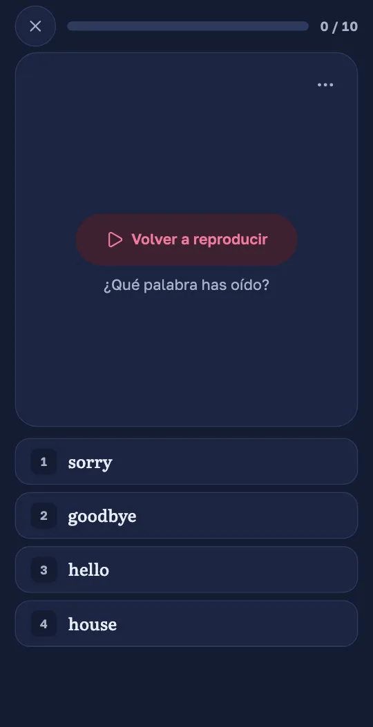 Una pregunta de escucha en la app de Wordado: un botón reproduce una palabra y se ofrecen cuatro palabras en inglés.
