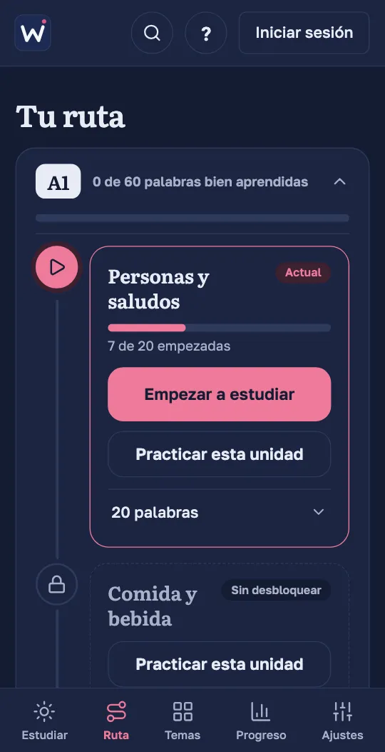 La ruta en la app de Wordado: las unidades de un nivel en orden, la actual con su progreso y un botón para empezar a estudiar.