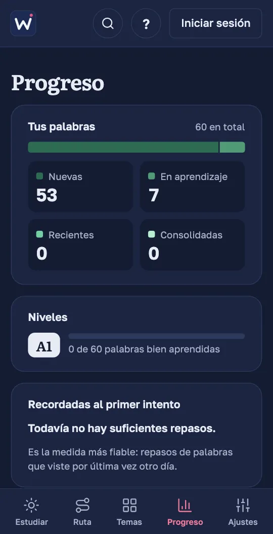 La pantalla de progreso de la app de Wordado: cuántas palabras son nuevas, cuántas estás aprendiendo y cuántas recuerdas, y el progreso de cada nivel.