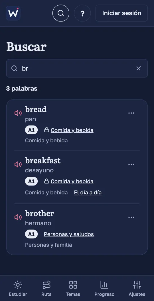 La búsqueda en la app de Wordado: los resultados de «br» muestran cada palabra con su traducción, su nivel y su unidad.