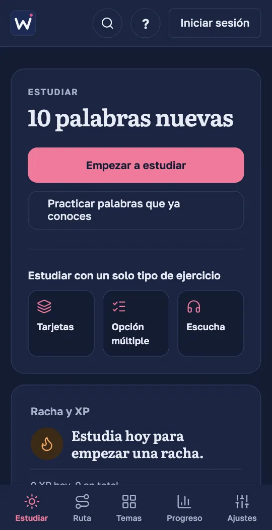 La pantalla «Estudiar» de la app de Wordado: el número de palabras nuevas del día, el botón «Empezar a estudiar» y los tipos de ejercicio para estudiar con uno solo.